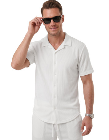 DeepSEA Slim Fit Çizgi Dokulu Keten Görünümlü Kısa Kol Erkek Spor Gömlek 2602648 2