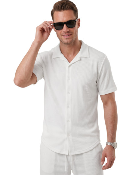 DeepSEA Slim Fit Çizgi Dokulu Keten Görünümlü Kısa Kol Erkek Spor Gömlek 2602648