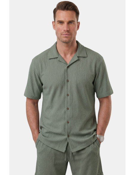 DeepSEA Slim Fit Çizgi Dokulu Keten Görünümlü Kısa Kol Erkek Spor Gömlek 2602648