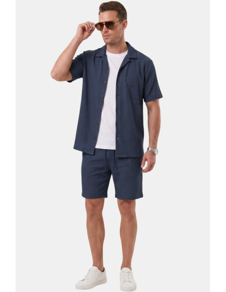 DeepSEA Slim Fit Çizgi Dokulu Keten Görünümlü Kısa Kol Erkek Spor Gömlek 2602648
