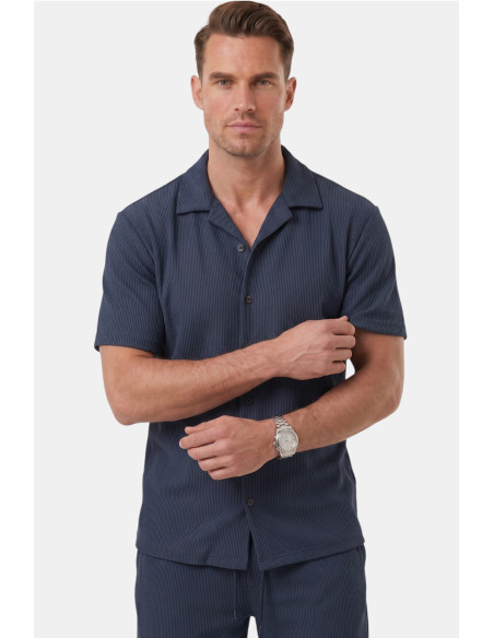 DeepSEA Slim Fit Çizgi Dokulu Keten Görünümlü Kısa Kol Erkek Spor Gömlek 2602648
