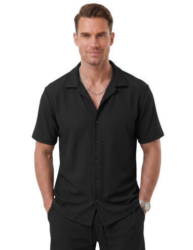 DeepSEA Slim Fit Çizgi Dokulu Keten Görünümlü Kısa Kol Erkek Spor Gömlek 2602648