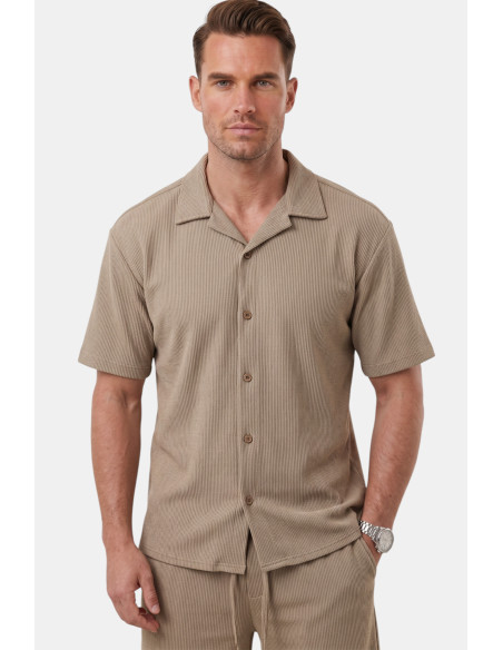 DeepSEA Slim Fit Çizgi Dokulu Keten Görünümlü Kısa Kol Erkek Spor Gömlek 2602648
