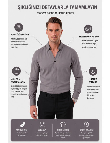 DeepSEA Slim Fit Kolay Ütülenebilir Açık Dik Yaka Likralı Erkek Gömlek 2602615