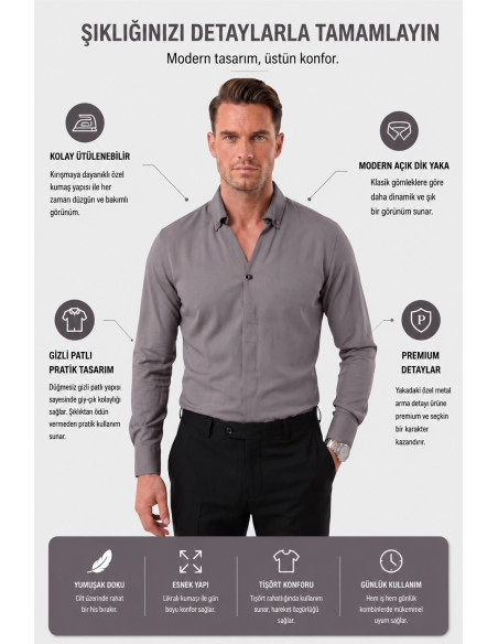 DeepSEA Slim Fit Kolay Ütülenebilir Açık Dik Yaka Likralı Erkek Gömlek 2602615