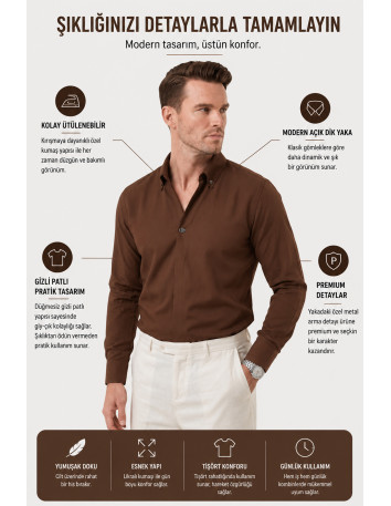 DeepSEA Slim Fit Kolay Ütülenebilir Açık Dik Yaka Likralı Erkek Gömlek 2602615 2