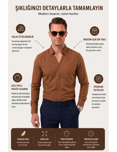DeepSEA Slim Fit Kolay Ütülenebilir Açık Dik Yaka Likralı Erkek Gömlek 2602615