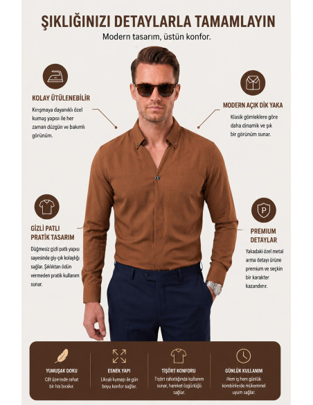 DeepSEA Slim Fit Kolay Ütülenebilir Açık Dik Yaka Likralı Erkek Gömlek 2602615