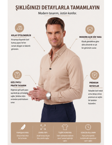 DeepSEA Slim Fit Kolay Ütülenebilir Açık Dik Yaka Likralı Erkek Gömlek 2602615