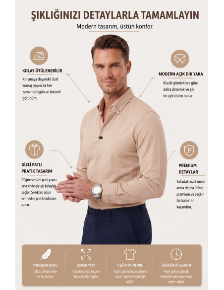 DeepSEA Slim Fit Kolay Ütülenebilir Açık Dik Yaka Likralı Erkek Gömlek 2602615