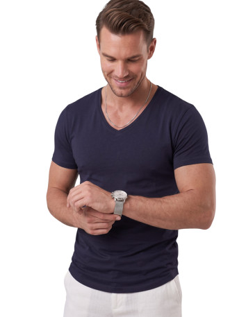 DeepSEA Erkek Slim Fit Derin V Yaka Basic Tişört %90 Pamuk Likralı Asimetrik Kesim 2602265 2