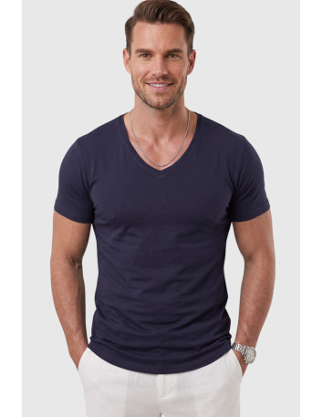 DeepSEA Erkek Slim Fit Derin V Yaka Basic Tişört %90 Pamuk Likralı Asimetrik Kesim 2602265 2