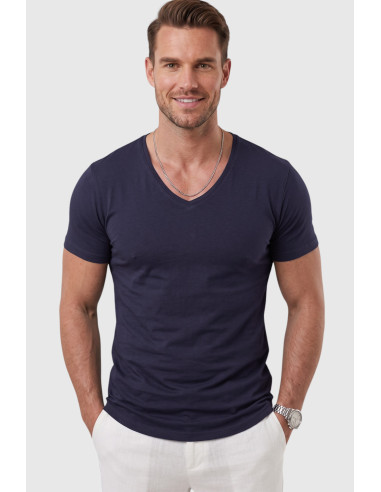 DeepSEA Erkek Slim Fit Derin V Yaka Basic Tişört %90 Pamuk Likralı Asimetrik Kesim 2602265