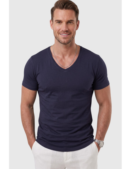 DeepSEA Erkek Slim Fit Derin V Yaka Basic Tişört %90 Pamuk Likralı Asimetrik Kesim 2602265