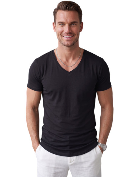 DeepSEA Erkek Slim Fit Derin V Yaka Basic Tişört %90 Pamuk Likralı Asimetrik Kesim 2602265