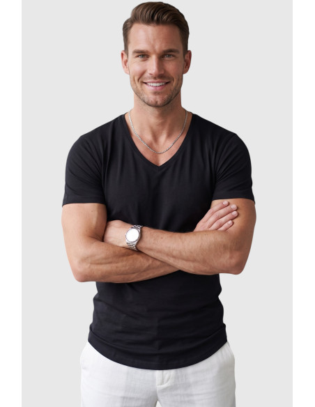 DeepSEA Erkek Slim Fit Derin V Yaka Basic Tişört %90 Pamuk Likralı Asimetrik Kesim 2602265