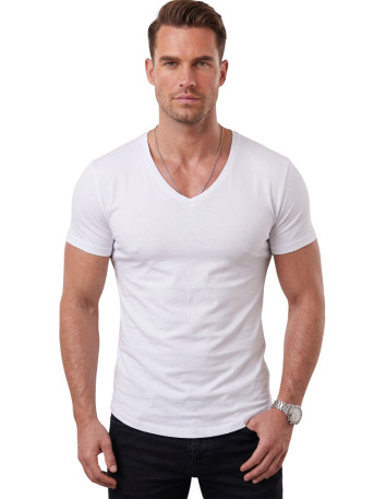 DeepSEA Erkek Slim Fit Derin V Yaka Basic Tişört %90 Pamuk Likralı Asimetrik Kesim 2602265