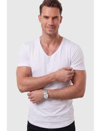 DeepSEA Erkek Slim Fit Derin V Yaka Basic Tişört %90 Pamuk Likralı Asimetrik Kesim 2602265 2