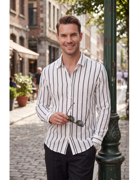 DeepSEA Çizgili Pamuklu Kırışık Dokulu Yazlık Gömlek Rahat Kesim Uzun Kol Gömlek 2602618