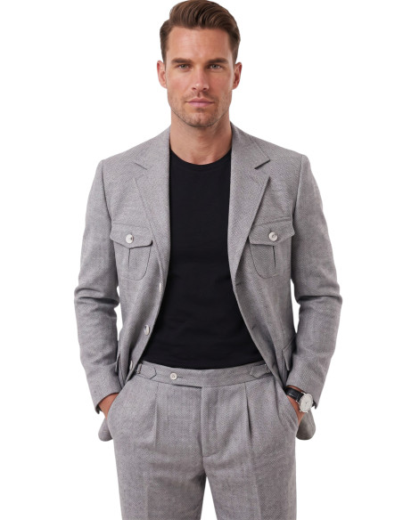 DeepSEA Erkek Safari Ceketli Balıksırtı Desenli Slim Fit 2'li Takım Elbise – Pileli Duble Paça Pantolon 2600723