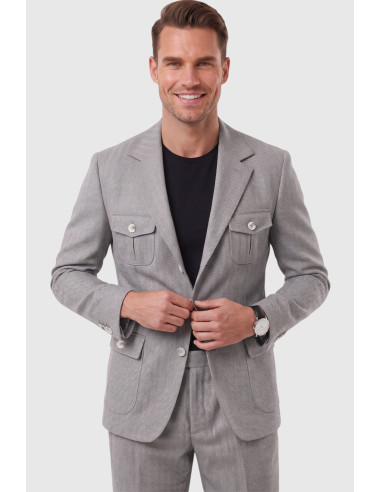 DeepSEA Erkek Safari Ceketli Balıksırtı Desenli Slim Fit 2'li Takım Elbise – Pileli Duble Paça Pantolon 2600723