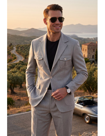 DeepSEA Erkek Safari Ceketli Balıksırtı Desenli Slim Fit 2'li Takım Elbise – Pileli Duble Paça Pantolon 2600723 2