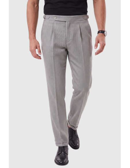DeepSEA Erkek Safari Ceketli Balıksırtı Desenli Slim Fit 2'li Takım Elbise – Pileli Duble Paça Pantolon 2600723