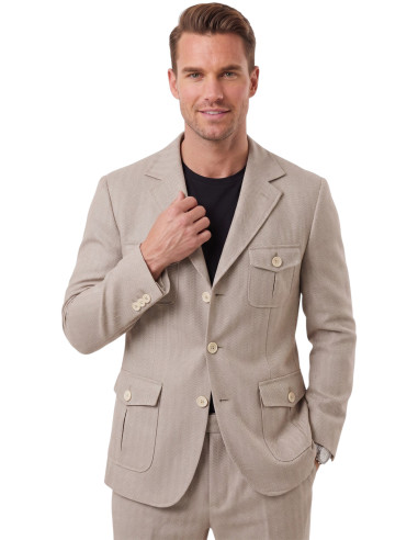 DeepSEA Erkek Safari Ceketli Balıksırtı Desenli Slim Fit 2'li Takım Elbise – Pileli Duble Paça Pantolon 2600723