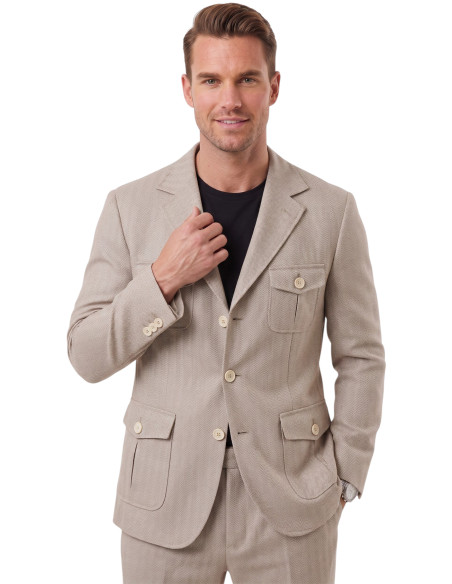 DeepSEA Erkek Safari Ceketli Balıksırtı Desenli Slim Fit 2'li Takım Elbise – Pileli Duble Paça Pantolon 2600723