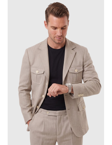 DeepSEA Erkek Safari Ceketli Balıksırtı Desenli Slim Fit 2'li Takım Elbise – Pileli Duble Paça Pantolon 2600723