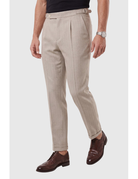 DeepSEA Erkek Safari Ceketli Balıksırtı Desenli Slim Fit 2'li Takım Elbise – Pileli Duble Paça Pantolon 2600723