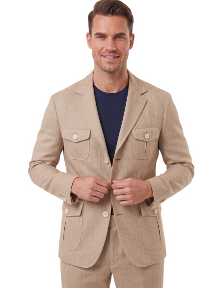 DeepSEA Erkek Safari Ceketli Balıksırtı Desenli Slim Fit 2'li Takım Elbise – Pileli Duble Paça Pantolon 2600723