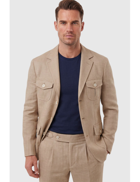 DeepSEA Erkek Safari Ceketli Balıksırtı Desenli Slim Fit 2'li Takım Elbise – Pileli Duble Paça Pantolon 2600723