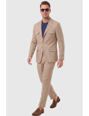 DeepSEA Erkek Safari Ceketli Balıksırtı Desenli Slim Fit 2'li Takım Elbise – Pileli Duble Paça Pantolon 2600723