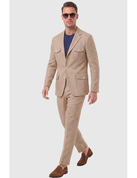 DeepSEA Erkek Safari Ceketli Balıksırtı Desenli Slim Fit 2'li Takım Elbise – Pileli Duble Paça Pantolon 2600723