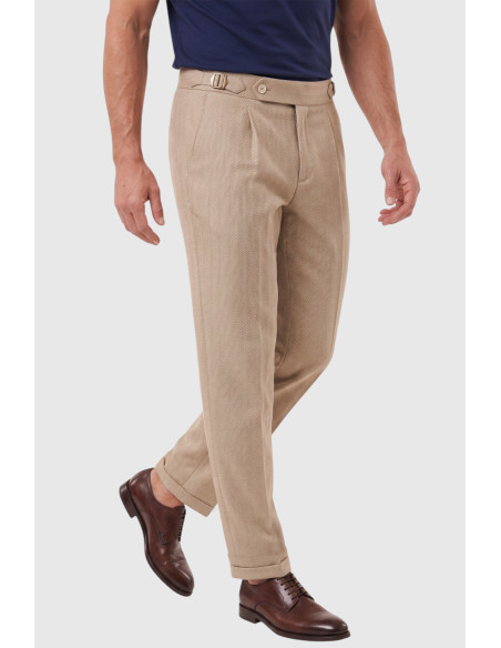 DeepSEA Erkek Safari Ceketli Balıksırtı Desenli Slim Fit 2'li Takım Elbise – Pileli Duble Paça Pantolon 2600723