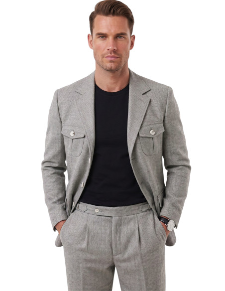 DeepSEA Erkek Safari Ceketli Balıksırtı Desenli Slim Fit 2'li Takım Elbise – Pileli Duble Paça Pantolon 2600723