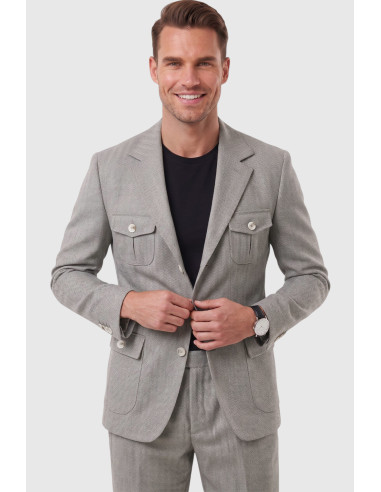 DeepSEA Erkek Safari Ceketli Balıksırtı Desenli Slim Fit 2'li Takım Elbise – Pileli Duble Paça Pantolon 2600723