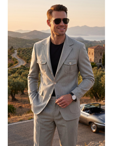 DeepSEA Erkek Safari Ceketli Balıksırtı Desenli Slim Fit 2'li Takım Elbise – Pileli Duble Paça Pantolon 2600723