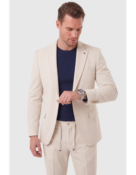 DeepSEA Erkek Slim Fit Dar Kesim Çizgili Gofre Kumaş Takım Elbise – Tek Düğme İpli Pantolon 2602311