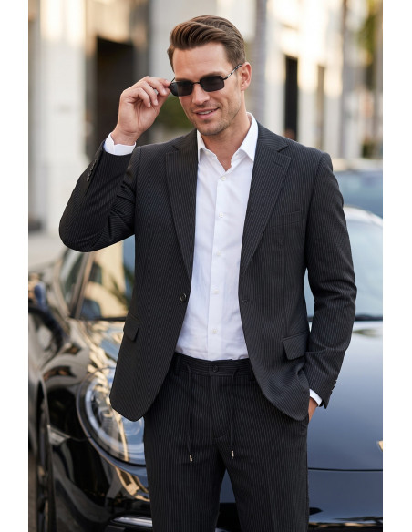 DeepSEA Erkek Slim Fit Dar Kesim Çizgili Gofre Kumaş Takım Elbise – Tek Düğme İpli Pantolon 2602311