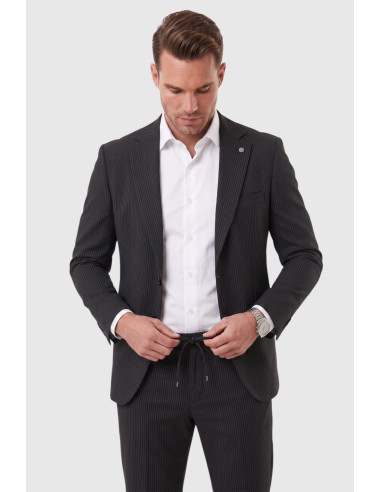 DeepSEA Erkek Slim Fit Dar Kesim Çizgili Gofre Kumaş Takım Elbise – Tek Düğme İpli Pantolon 2602311