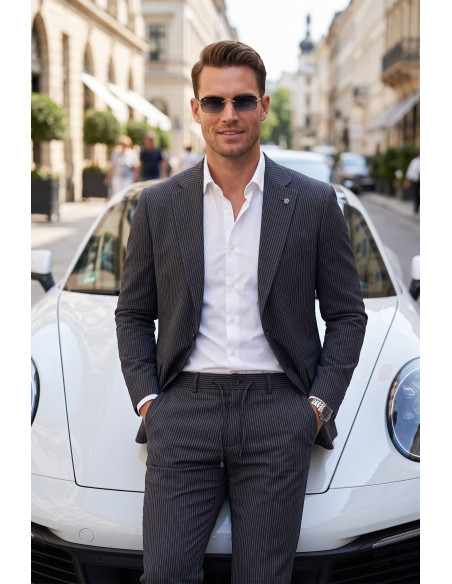 DeepSEA Erkek Slim Fit Dar Kesim Çizgili Gofre Kumaş Takım Elbise – Tek Düğme İpli Pantolon 2602311