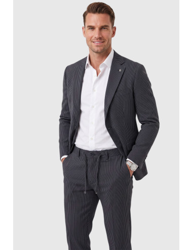 DeepSEA Erkek Slim Fit Dar Kesim Çizgili Gofre Kumaş Takım Elbise – Tek Düğme İpli Pantolon 2602311