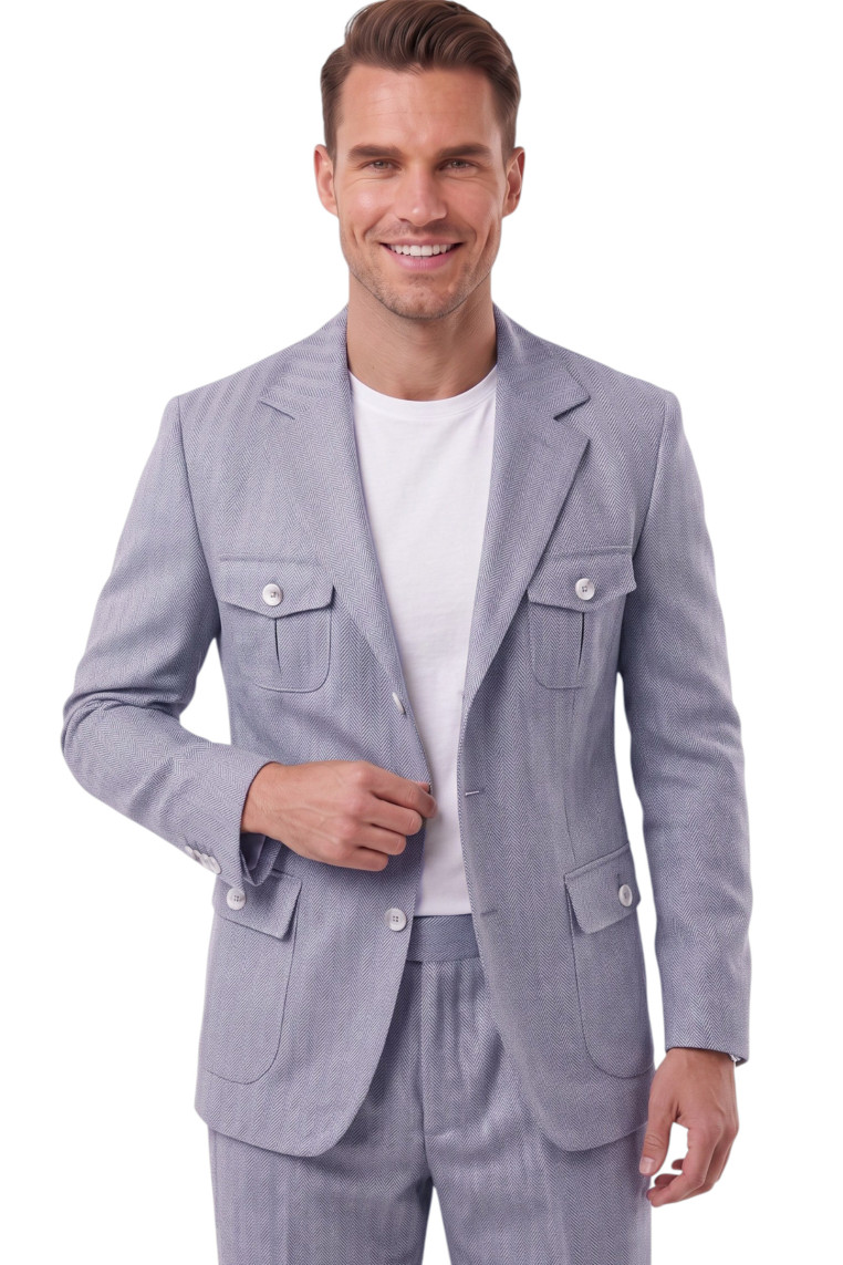 DeepSEA Erkek Safari Ceketli Balıksırtı Desenli Slim Fit 2'li Takım Elbise – Pileli Duble Paça Pantolon 2600723