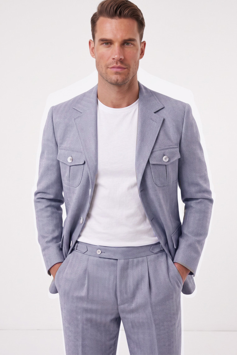 DeepSEA Erkek Safari Ceketli Balıksırtı Desenli Slim Fit 2'li Takım Elbise – Pileli Duble Paça Pantolon 2600723