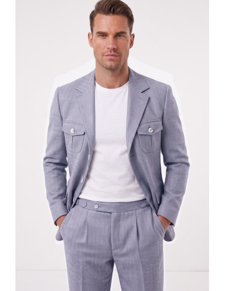DeepSEA Erkek Safari Ceketli Balıksırtı Desenli Slim Fit 2'li Takım Elbise – Pileli Duble Paça Pantolon 2600723