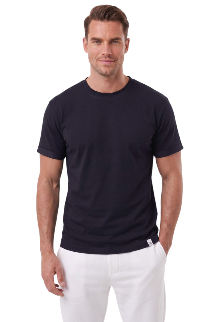 DeepSEA %95 Pamuk Regular Fit Rahat Kesim Duble Kollu Bisiklet Yaka Likralı Tişört 2604361 2