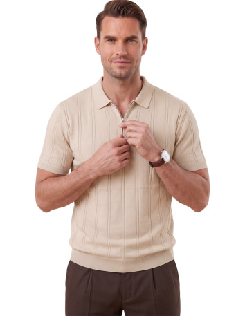 DeepSEA Erkek Polo Yaka Fermuarlı Çizgi Dokulu Regular Fit Likralı Triko Tişört 2608008 2