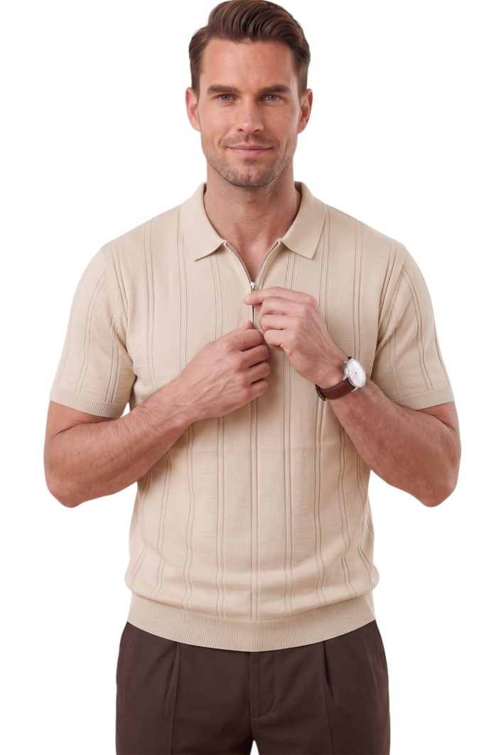 DeepSEA Fermuarlı Polo Yaka Çizgi Dokulu Triko Tişört Regular Fit Yumuşak Dokulu 2608007 2